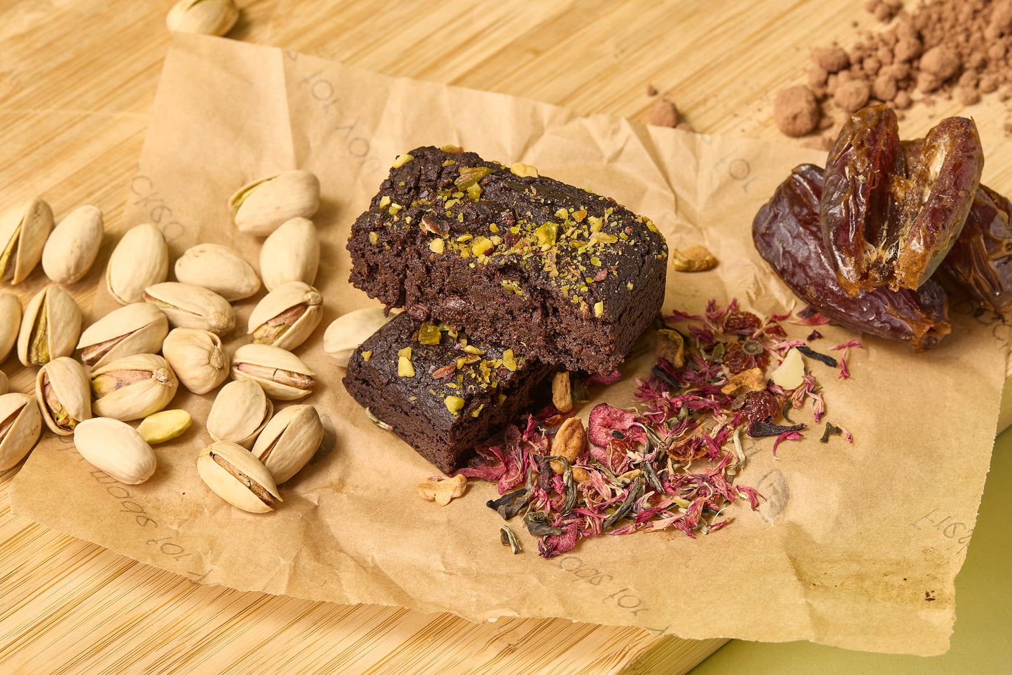 Beetroot brownies lined in a paper packaging with pistachio seeds and dates
